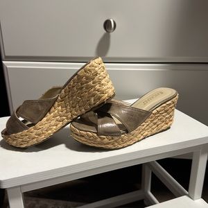 Taupe slide on wedges